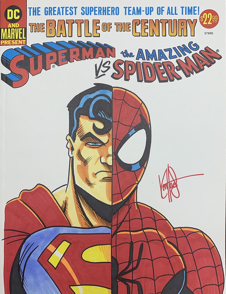 DF 50TH ANNIVERSARY TREASURY EDITION SUPERMAN VS AMAZING SPIDERMAN #1 FACSIMILE EDITION BLANK VARIANT SIGNED AND REMARKED BY KEN HAESER WITH A SUPERMAN/SPIDERMAN SKETCH