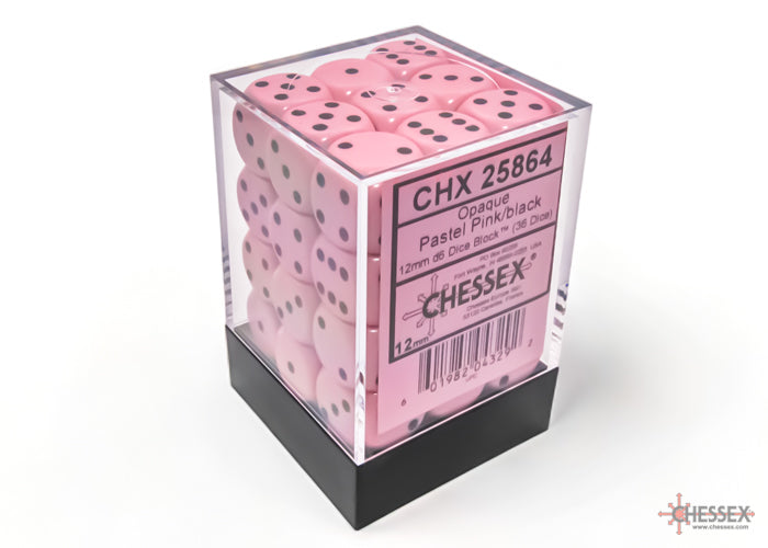 Chessex Opaque 12mm d6 Pastel Pink/black Dice Block(36 dice)
