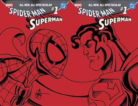 DF MARVEL DC SPIDER-MAN SUPERMAN #1 RED BLANK VARIANT TWO COVER SET SIGNED AND REMARKED BY KEN HAESER WITH A SPIDER-MAN VS SUPERMAN SKETCH FOC December 7, 2026