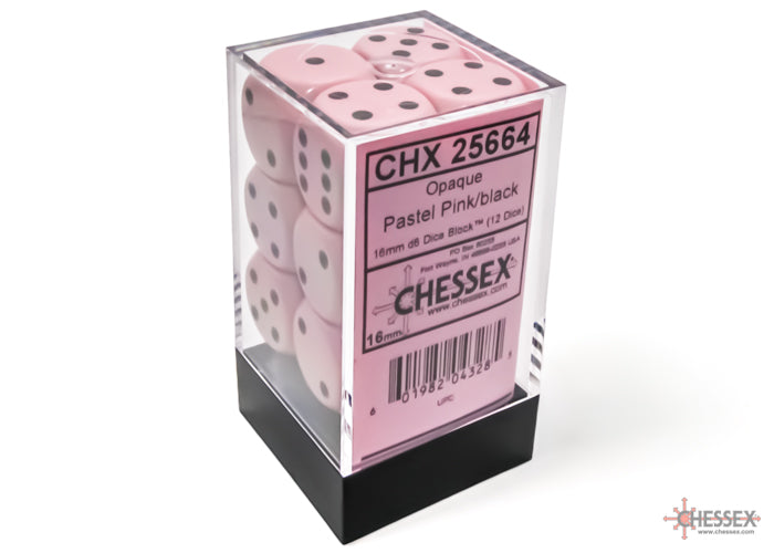 Chessex Opaque 16mm d6 Pastel Pink/black Dice Block(12 dice)