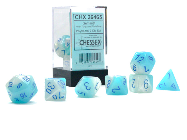 Chessex Gemini Pearl Turquoise-White/Blue Luminary 7 Die Set