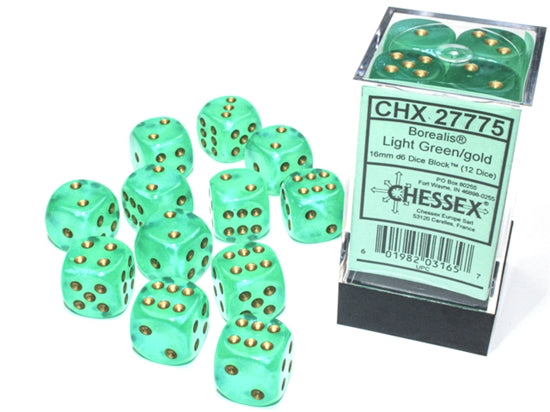 Chessex Borealis 16mm d6 Light Green/gold Luminary Dice Block (12 dice)
